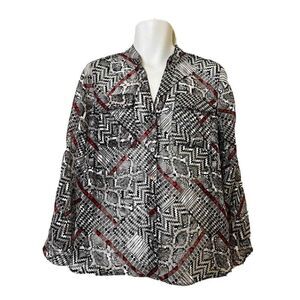 Ruby Rd. Size 8 Medium Top Blouse sheer Button Down Roll tab black‎ white BAHb